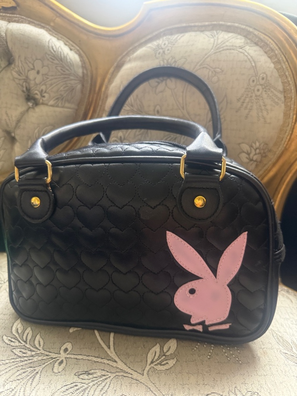 PLAYBOY Black Quilted Mini Bag with Pink Bunny Patch